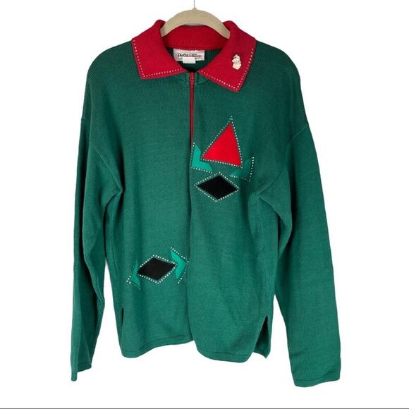 Vintage Christmas red green collared abstract zip front cardigan sweater - Picture 1 of 9